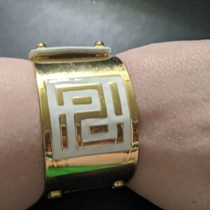 Parker Daniels Gold Tone White Leather Modern Cuff Statement Bracelet